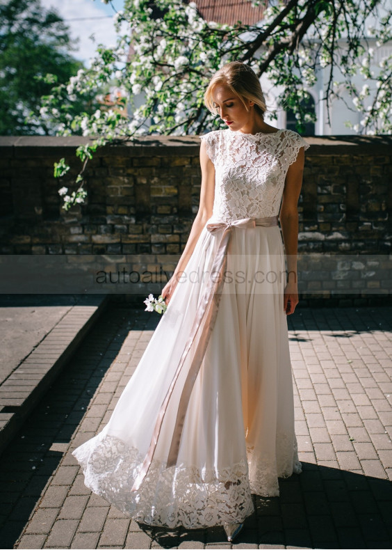 Cap Sleeves Ivory Lace Chiffon Blush Lining Airy Wedding Dress
